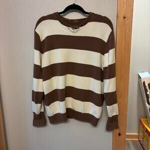 John Galt Brown & White Horizontal Striped Sweater‎ with distressed collar Sz L
